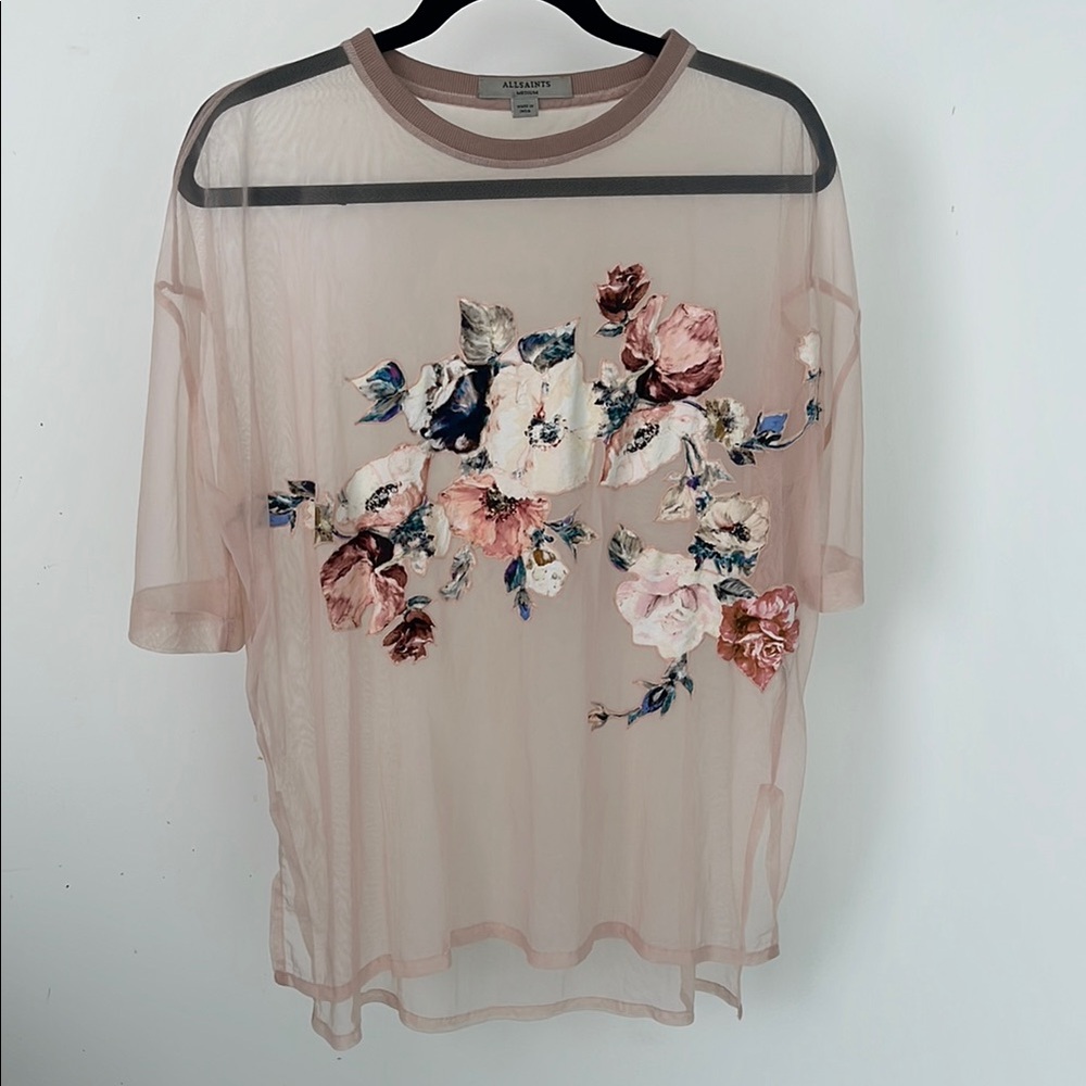All Saints Sheer Pink Graphic Top - Medium 25” PTP